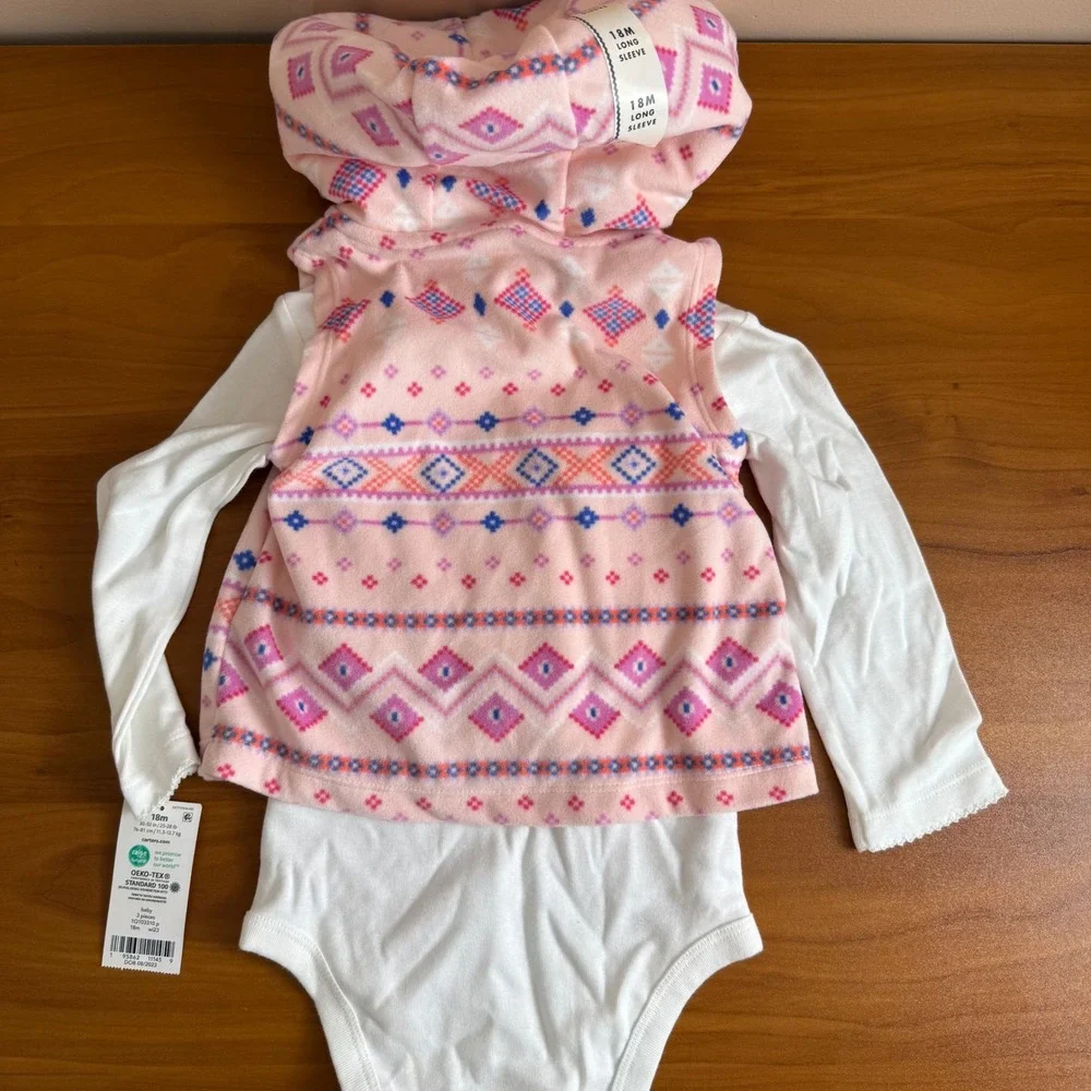 SALE Carter's Baby Girls 18m Pink Geometric Fleece Hooded Vest Bodysuit 2 Piece‎